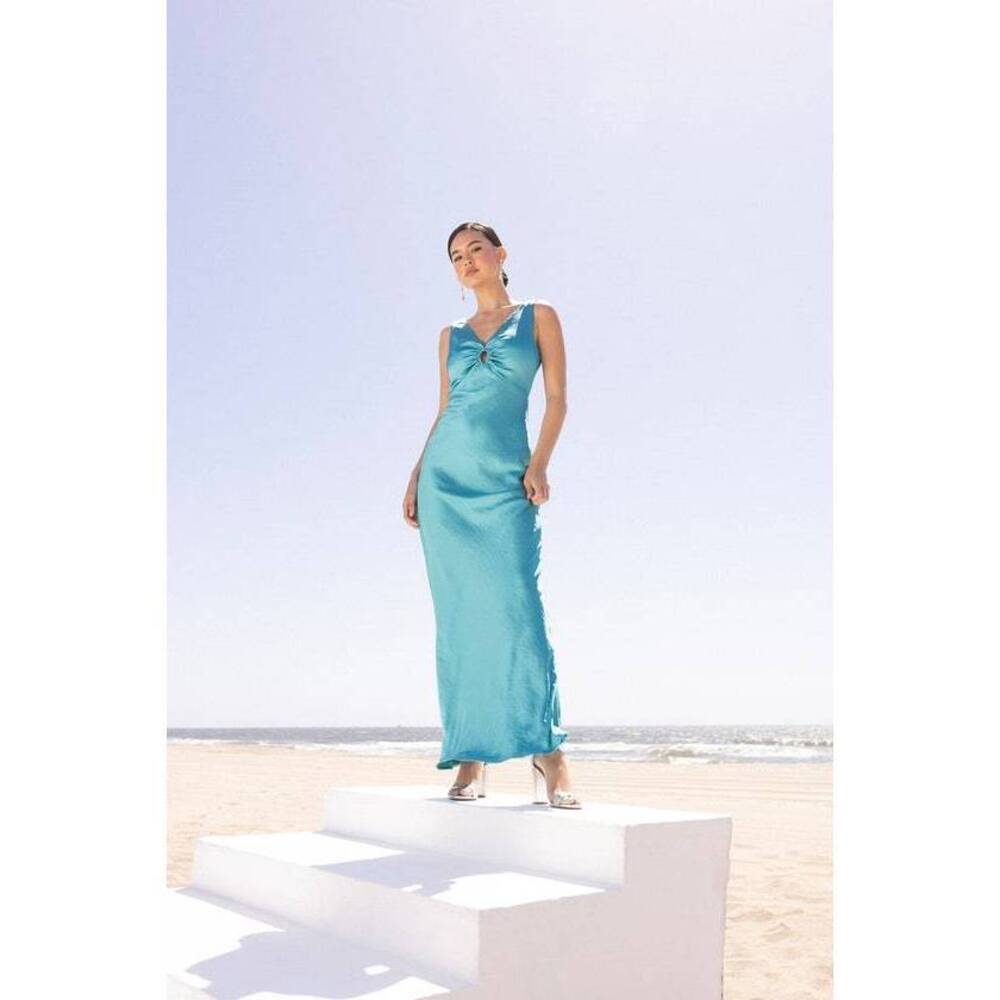 Lulus Constantly Admiring Turquoise Crinkled Satin Keyhole Maxi Dress Blue